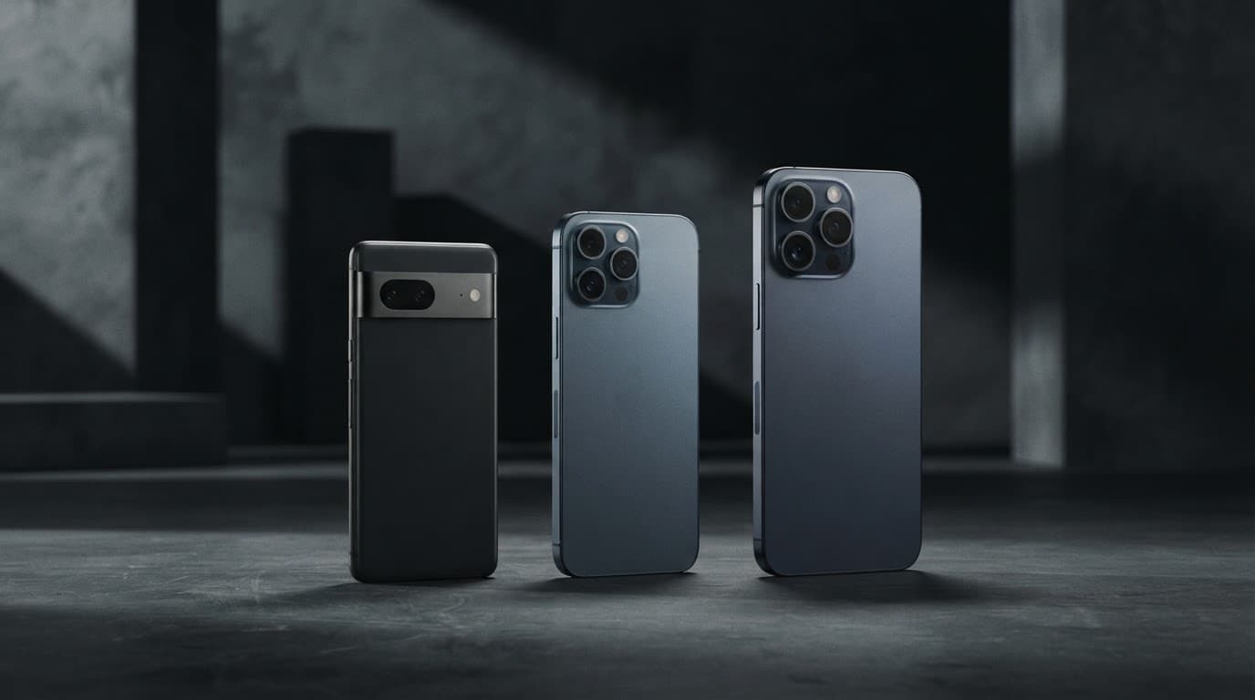 Drei Android-Smartphones stehen in verschiedenen Größen nebeneinander.