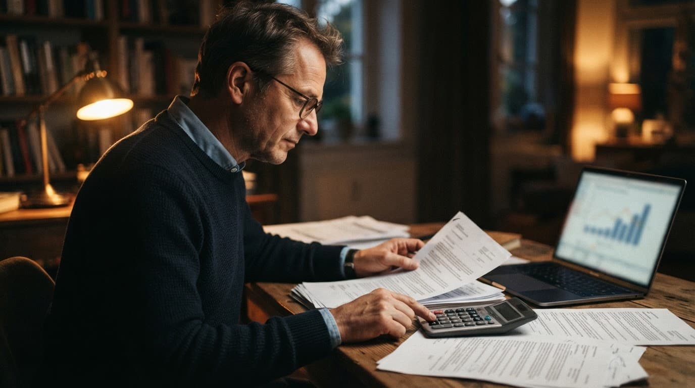 Eine Person prüft am Schreibtisch Unterlagen zur privaten Altersvorsorge neben Taschenrechner und Laptop.