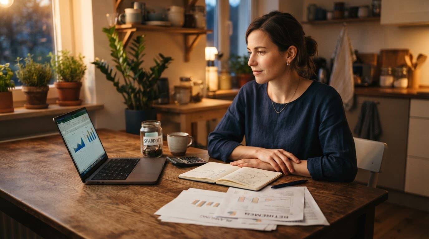 Eine Person prüft am Küchentisch einen Rentenplan neben Laptop, Taschenrechner, Notizbuch und Sparglas.