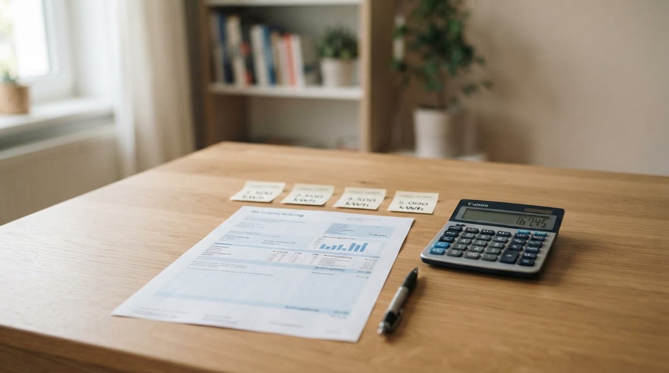 Stromrechnung, Taschenrechner und vier Papierstreifen liegen auf einem Tisch.
