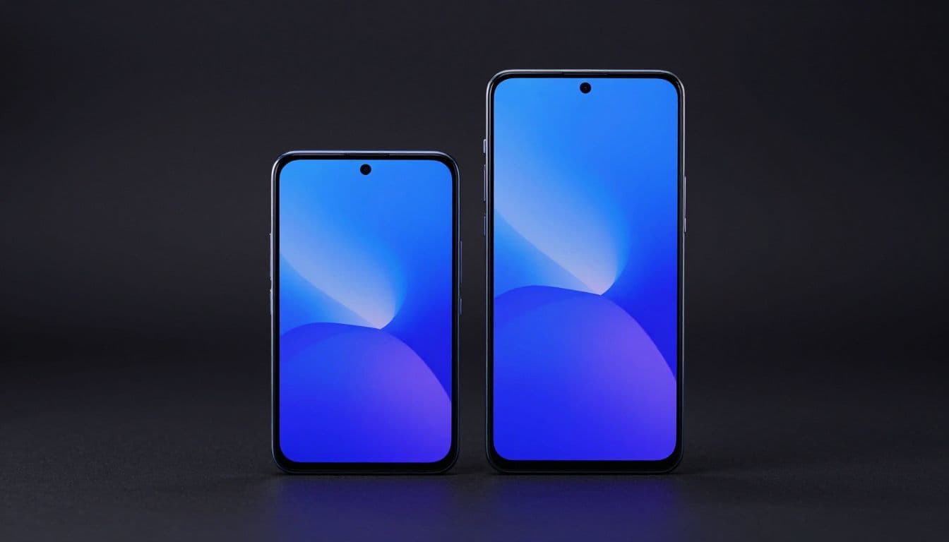 Zwei Smartphones mit blauen und violetten Farbverläufen stehen nebeneinander auf einer dunklen Fläche.