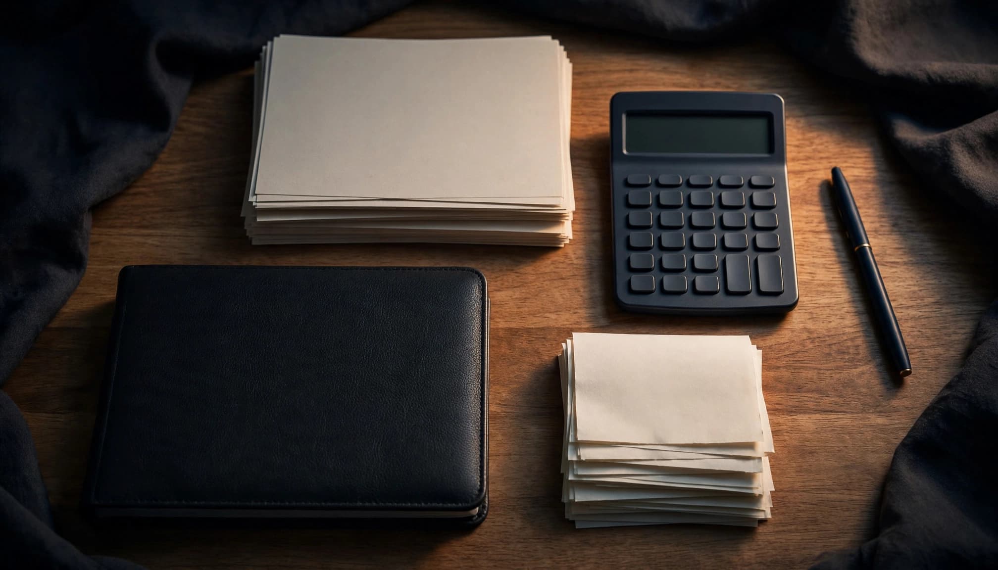 Kassenbuch, Belege, Taschenrechner und Stift liegen ordentlich auf einem Holztisch.