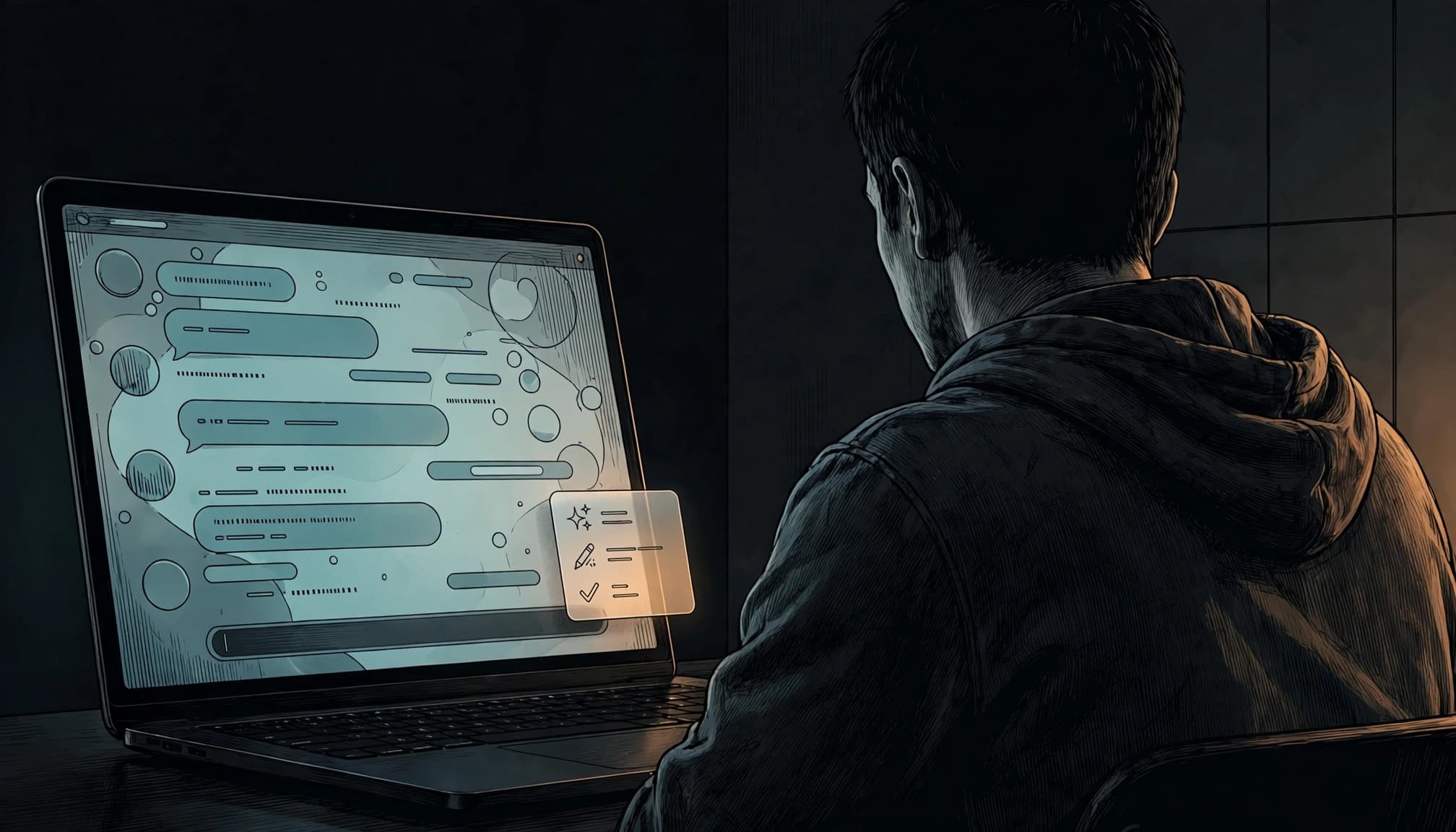 Eine Person betrachtet am Laptop ein Chatmenü neben dem Nachrichtenfeld.