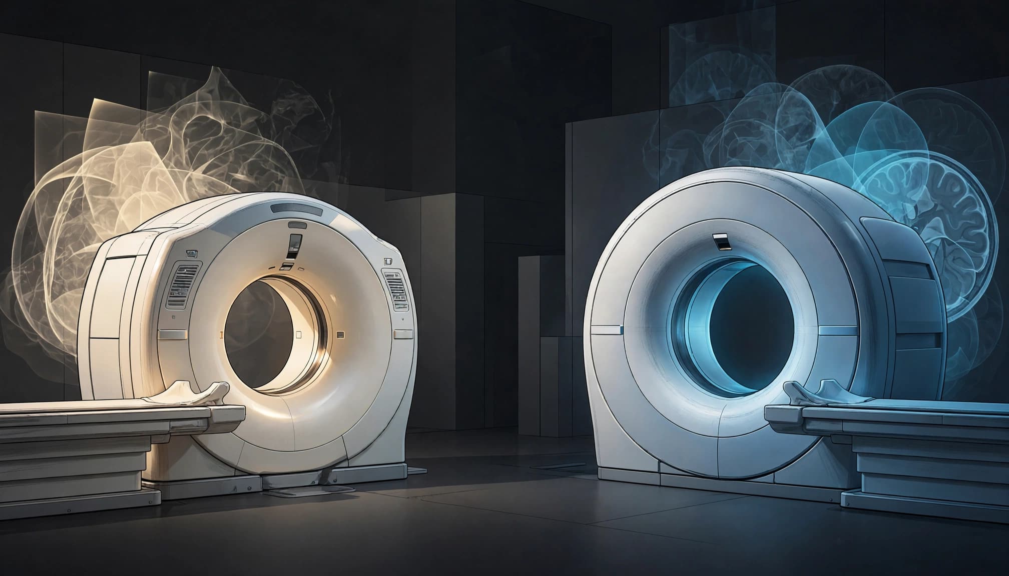 Ein CT-Scanner und ein MRT-Gerät stehen getrennt in einem dunklen Radiologieraum.