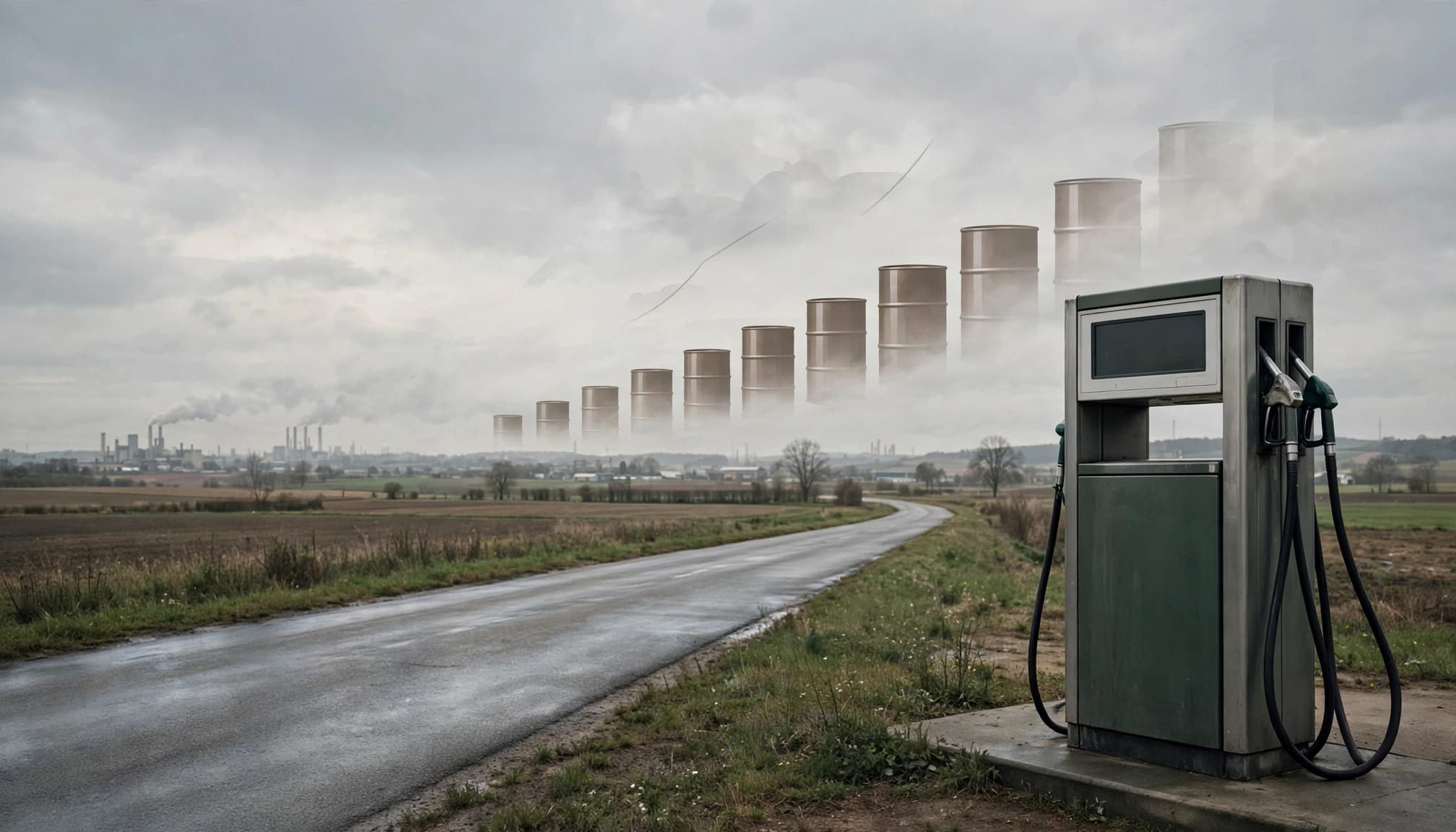 Eine einzelne Zapfsäule an einer ruhigen deutschen Landstraße mit abstrakten Ölmarktsymbolen im Hintergrund.