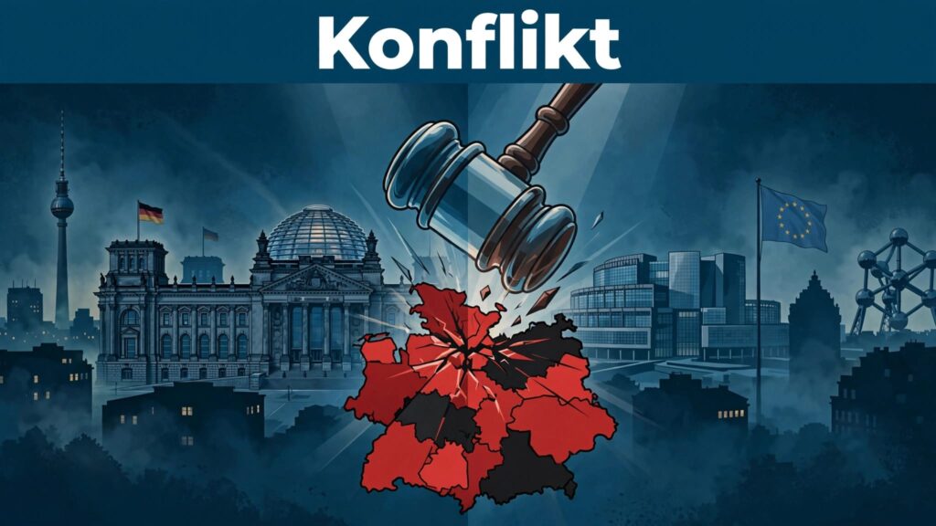 Berlin und Brüssel flankieren eine rot-schwarze Landeskarte unter einem Richterhammer.