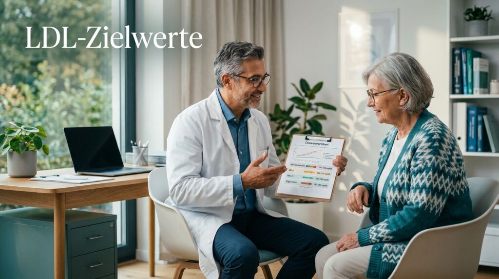 Eine Ärztin bespricht mit einem älteren Patienten eine Cholesterin-Grafik.