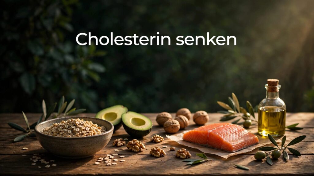 Haferflocken, Avocado, Walnüsse, Olivenöl und Lachs auf einem Holztisch.