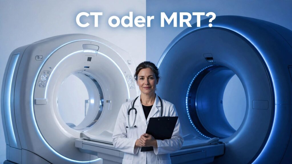 Eine Radiologin steht mit Klemmbrett zwischen CT- und MRT-Gerät.
