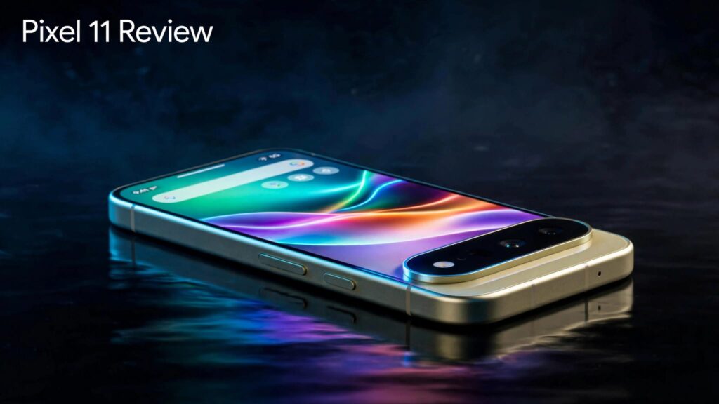 Google Pixel 11 mit leuchtendem Display und hervorgehobenem Kameramodul auf dunkler Oberfläche