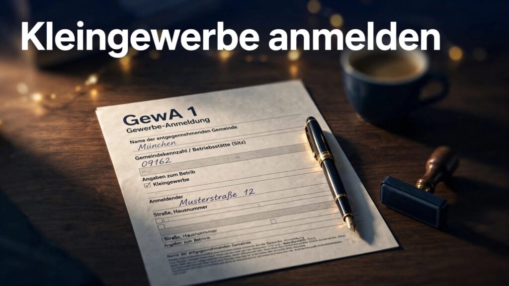 Ein GewA-1-Formular liegt neben Füller und Stempel auf einem dunklen Schreibtisch.