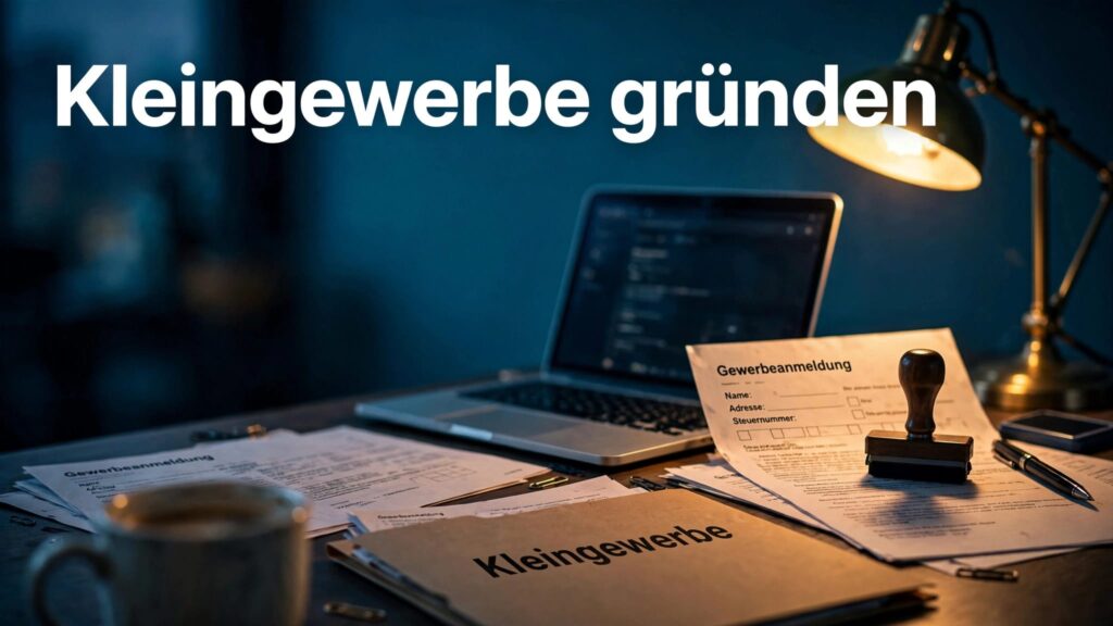 Laptop, Formulare und ein Ordner für das Kleingewerbe auf einem Schreibtisch.