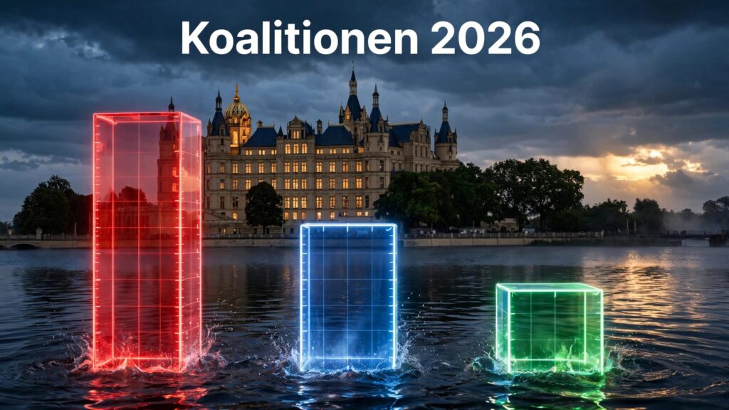 Schweriner Schloss mit farbigen Balken im Wasser und der Aufschrift „Koalitionen 2026“.