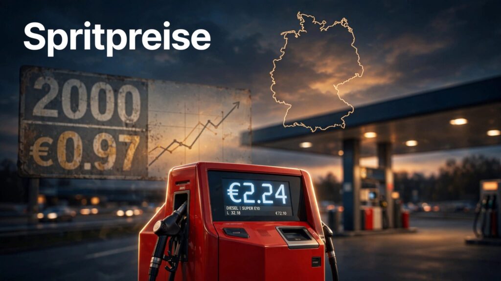 Rote Zapfsäule mit 2,24 Euro, altem Preis von 0,97 Euro und steigender Kurve.