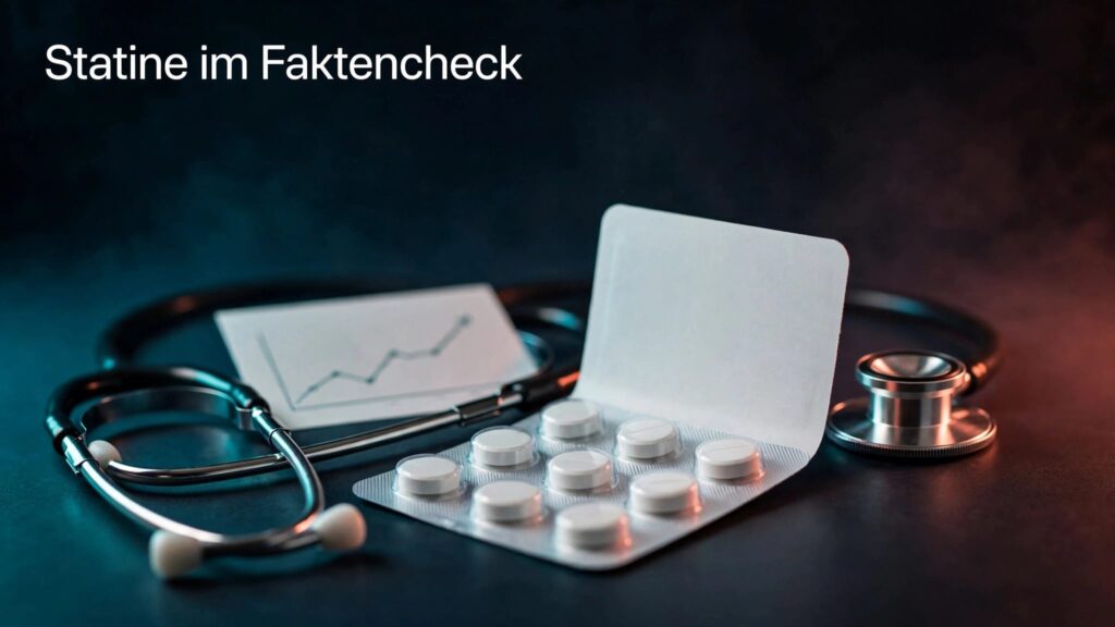 Statin-Tabletten neben einem Stethoskop und einer ansteigenden Cholesterinkurve.