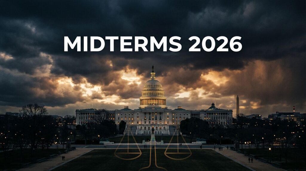 Das US-Kapitol im goldenen Abendlicht mit Waagensymbol und der Aufschrift „MIDTERMS 2026“.