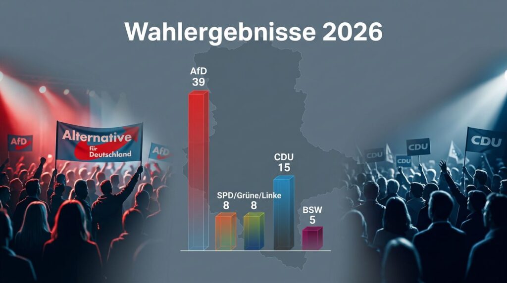 Geteiltes Bild mit AfD- und CDU-Mengen, Sachsen-Anhalt-Karte und Sitzverteilungsdiagramm.