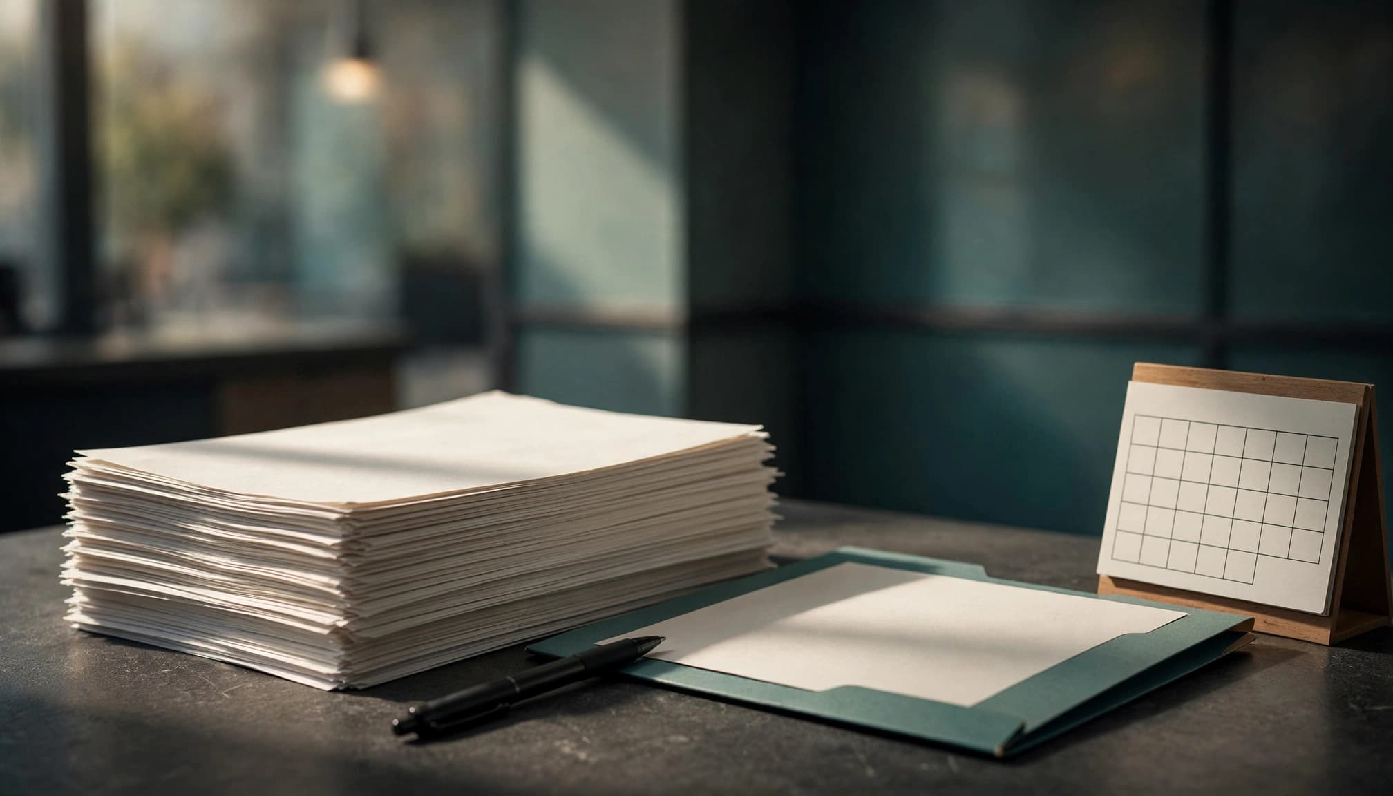 Blankoformulare, Ordner, Stift und Kalender liegen auf einem Serviceschalter.