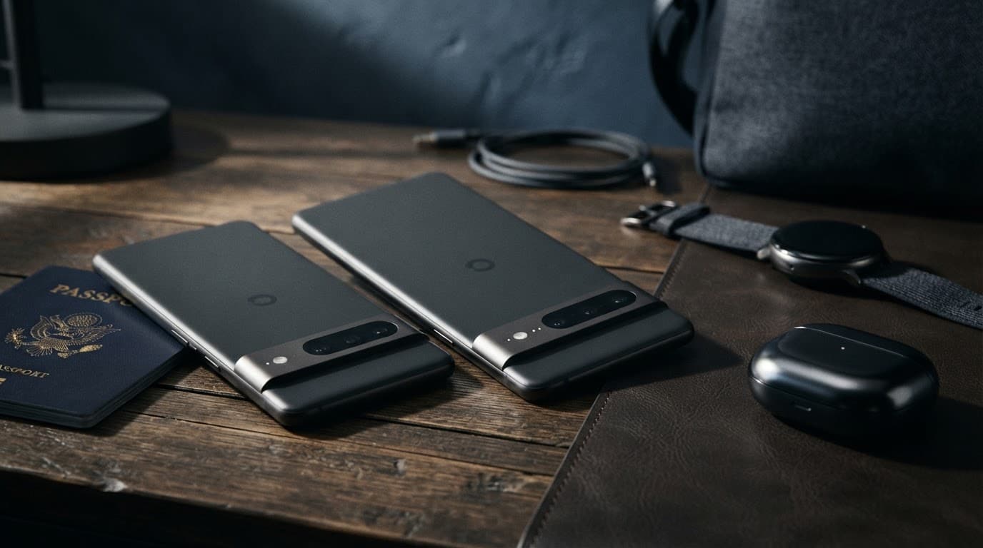 Zwei dunkle Smartphones liegen neben Reisepass, Ohrhörern und Smartwatch auf einem Reisetisch.