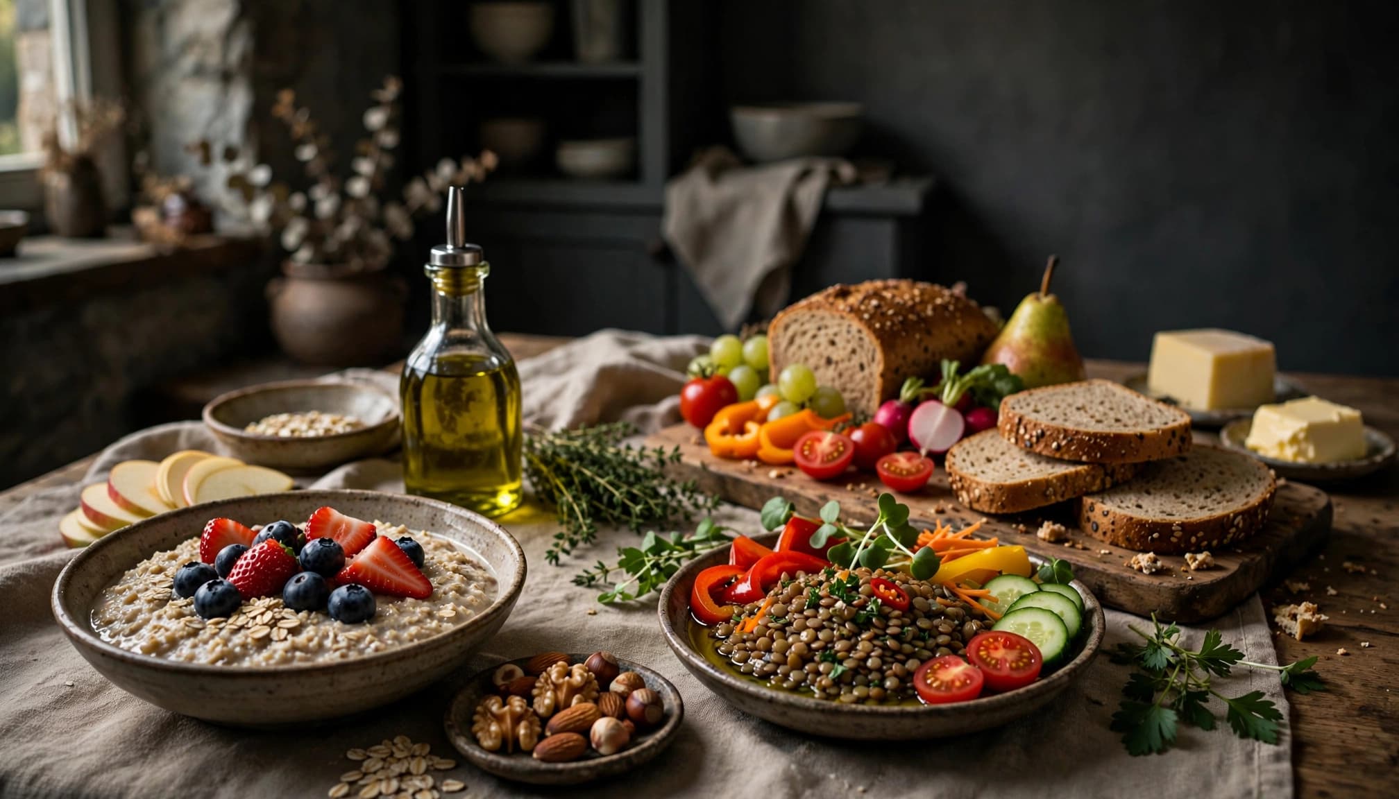 Haferflocken, Vollkornbrot, Linsen, Gemüse und Obst stehen mit Öl und Nüssen auf einem Küchentisch.