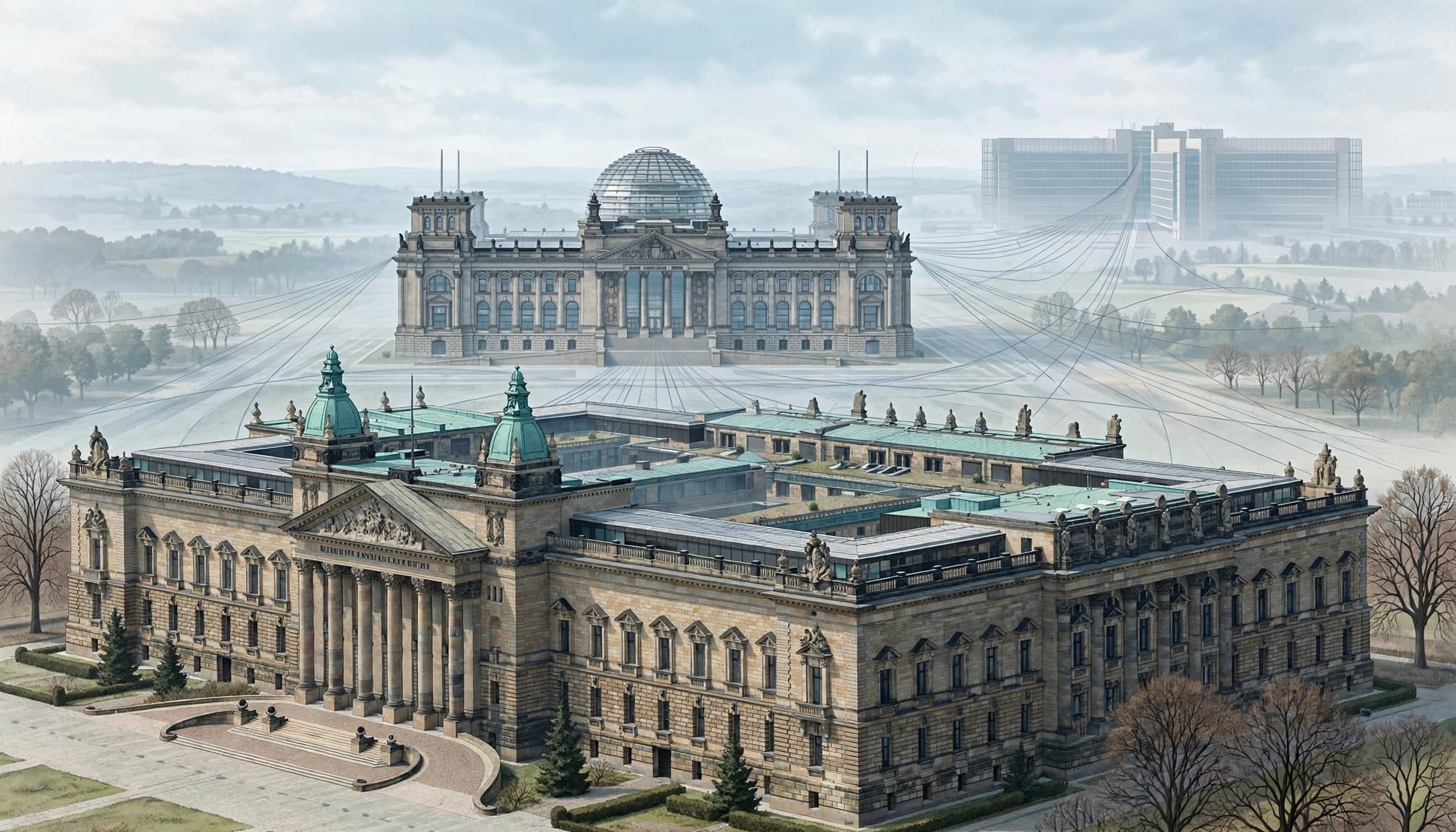 Ein Verwaltungsgebäude, der Reichstag und das Berlaymont-Gebäude liegen gestaffelt in einer gedämpften Architekturszene.