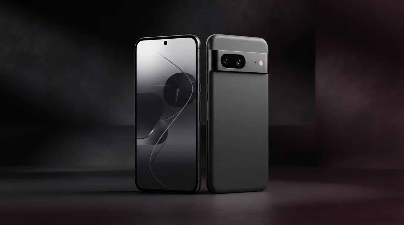 Kompaktes Smartphone mit Display und horizontaler Kameraleiste vor dunklem Studiohintergrund.