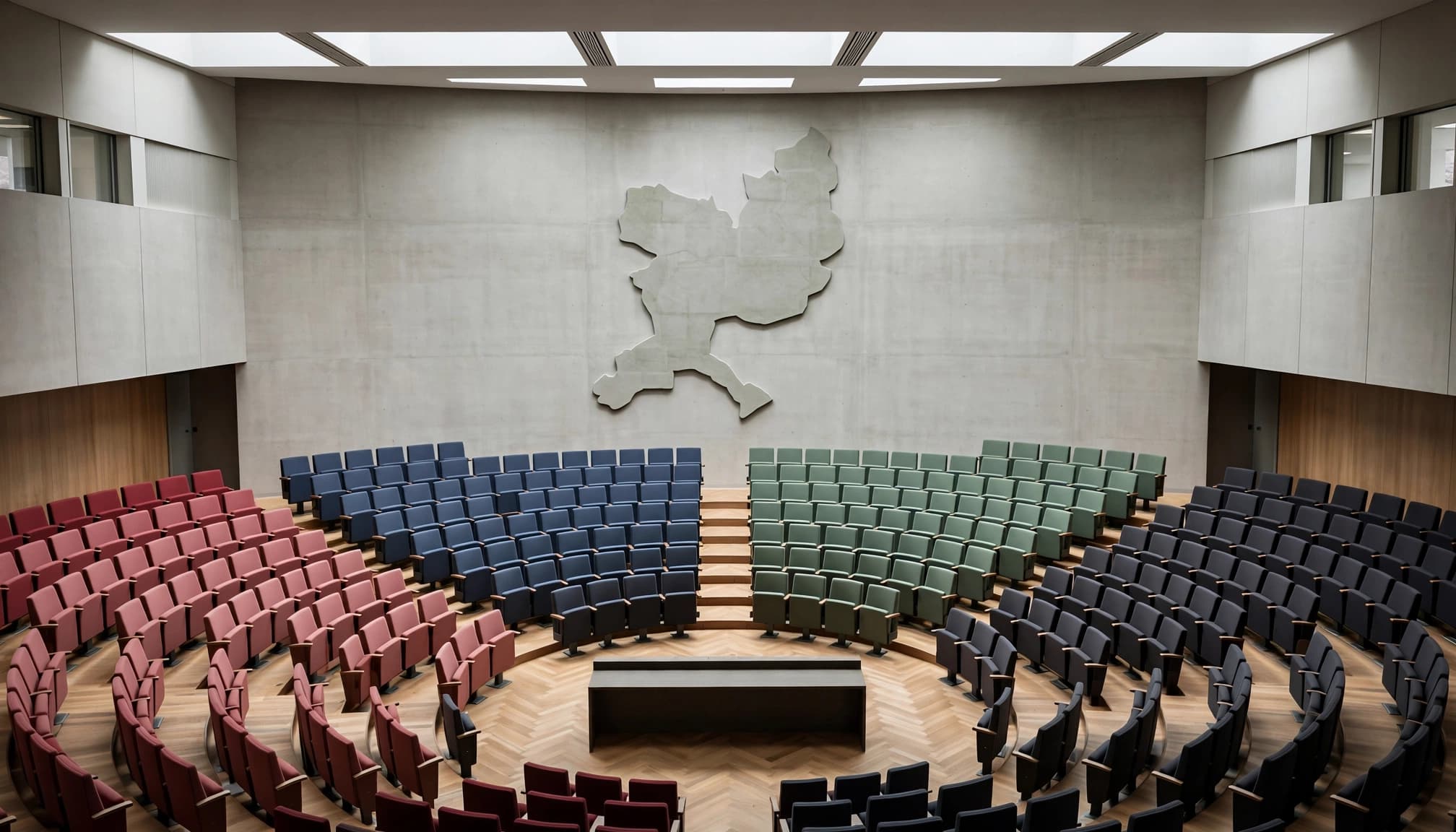Leerer Plenarsaal mit 71 farblich gruppierten Sitzen und einer Mecklenburg-Vorpommern-Karte an der Rückwand.