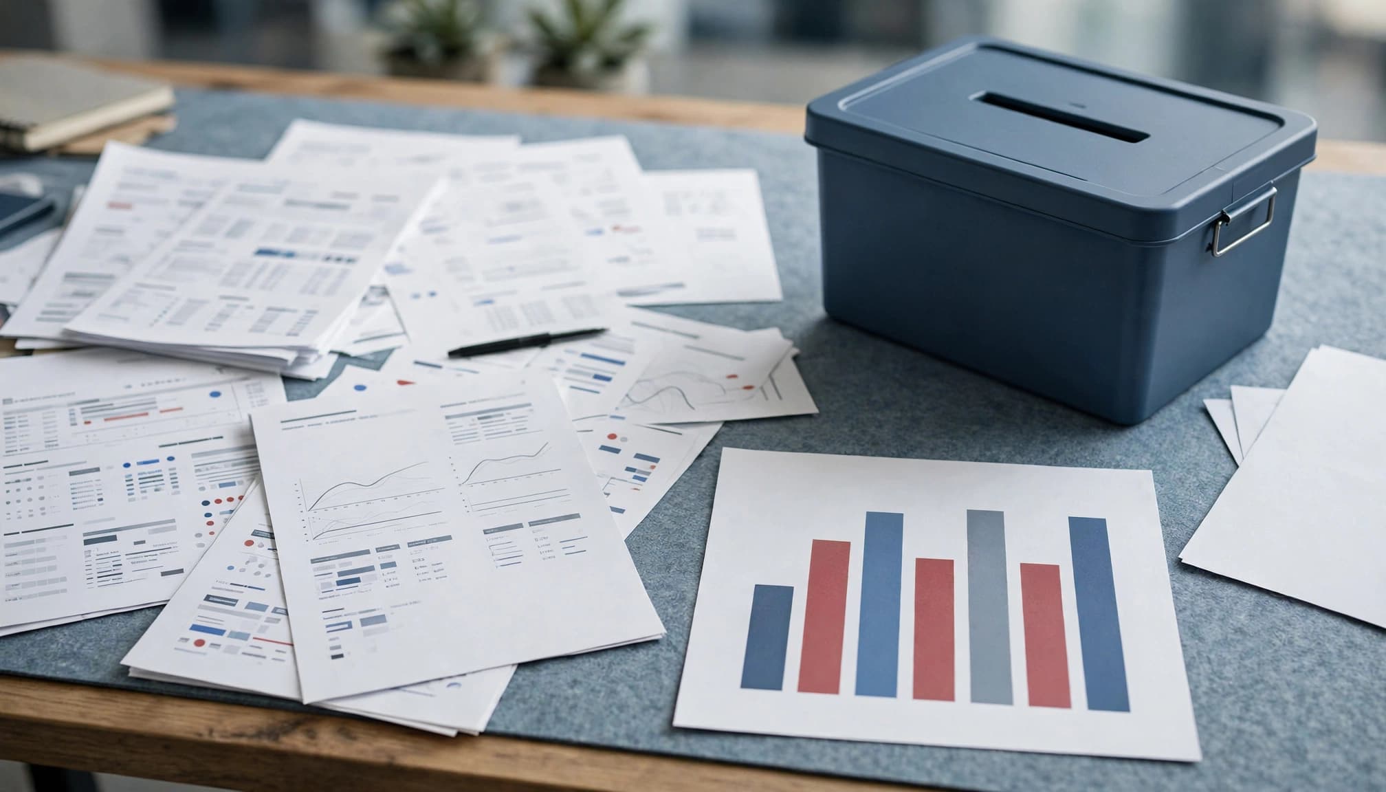 A ballot box, result sheets and a chart with seven bars on a newsroom desk.