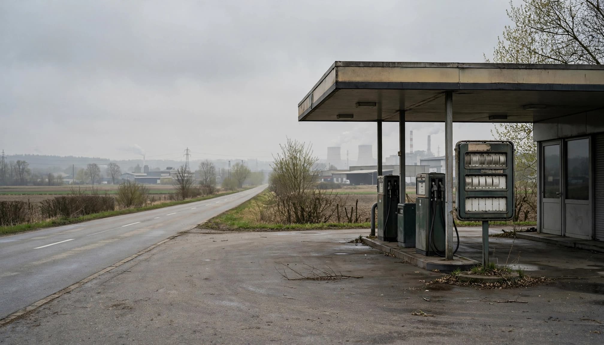 Leere deutsche Tankstelle mit Preistafel an einer verlassenen Straße.