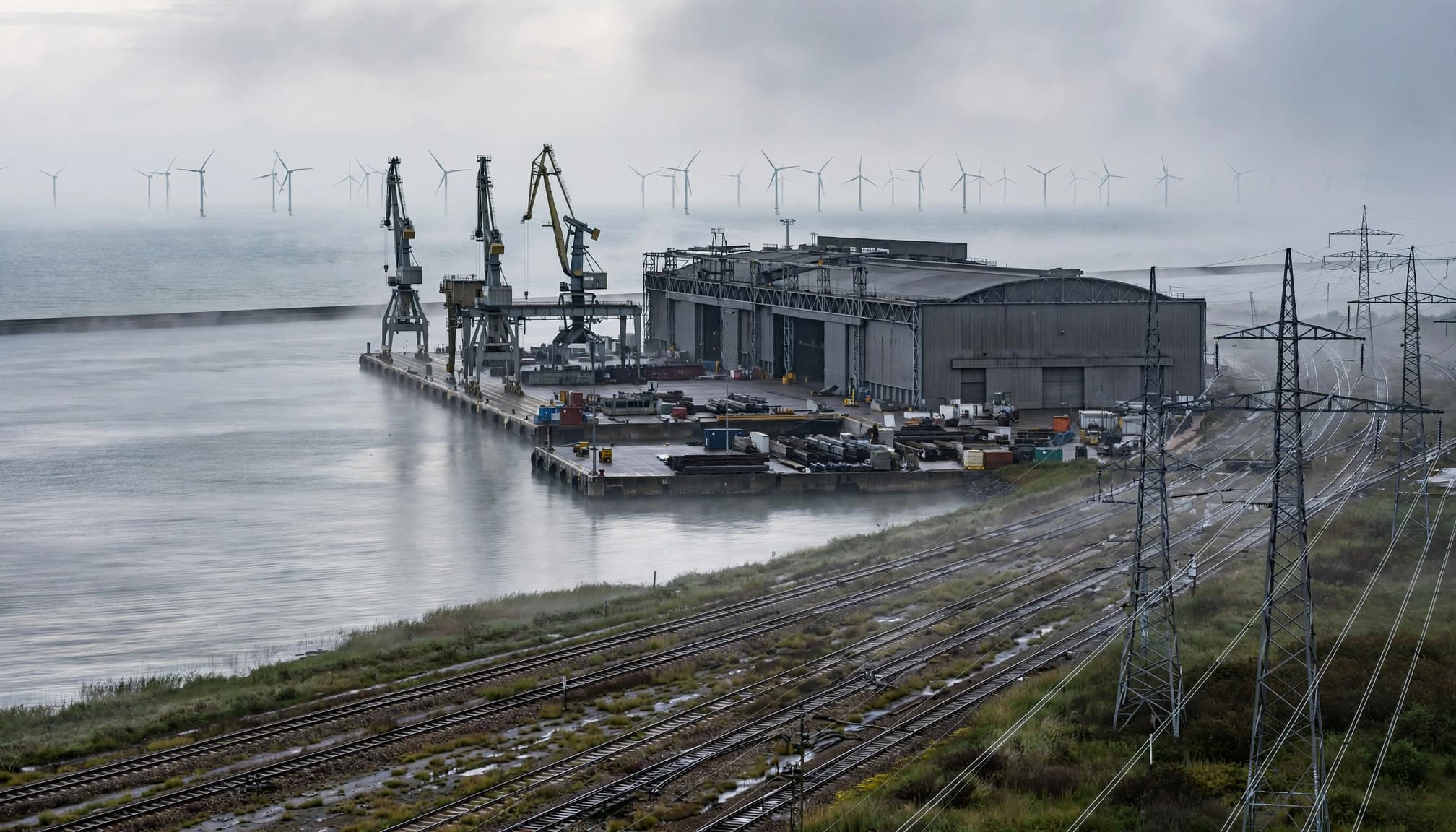 Leerer Ostseehafen mit Windrädern, Kränen, Werfthalle, Bahntrasse und Stromleitungen im Morgenlicht.