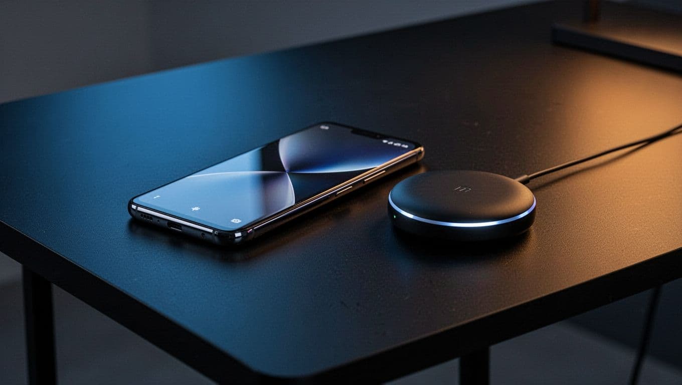 Modernes Smartphone mit Ladepuck auf einem dunkel beleuchteten Schreibtisch.