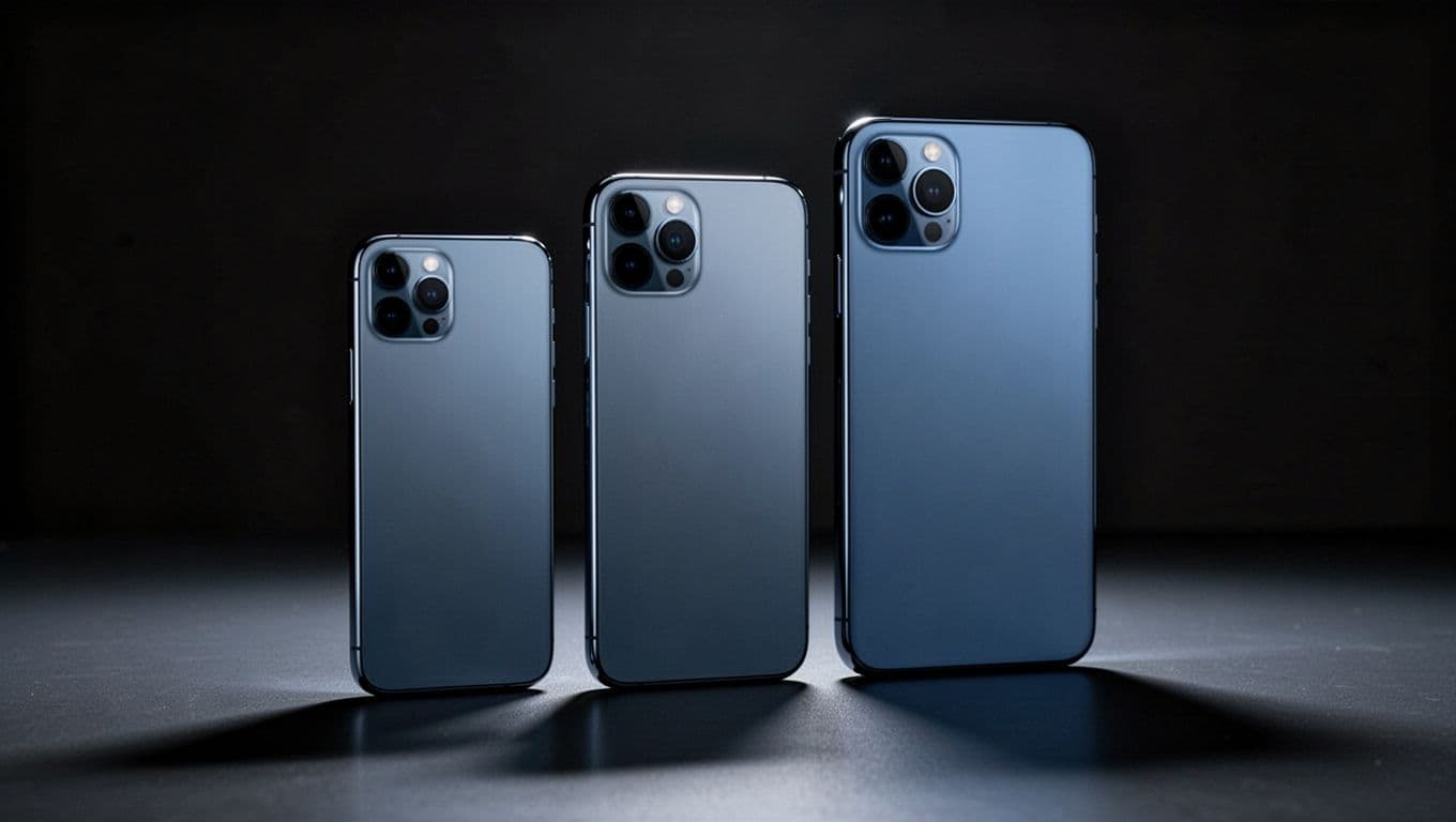 Drei Smartphones stehen abgestuft auf einer dunklen Fläche.