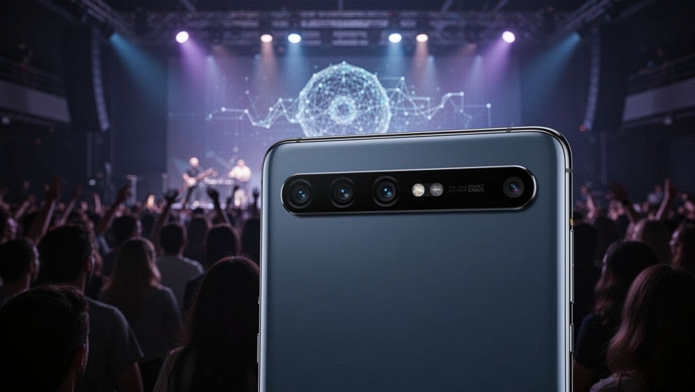 Smartphone mit sichtbarer Dreifachkamera vor unscharfen Konzertlichtern.