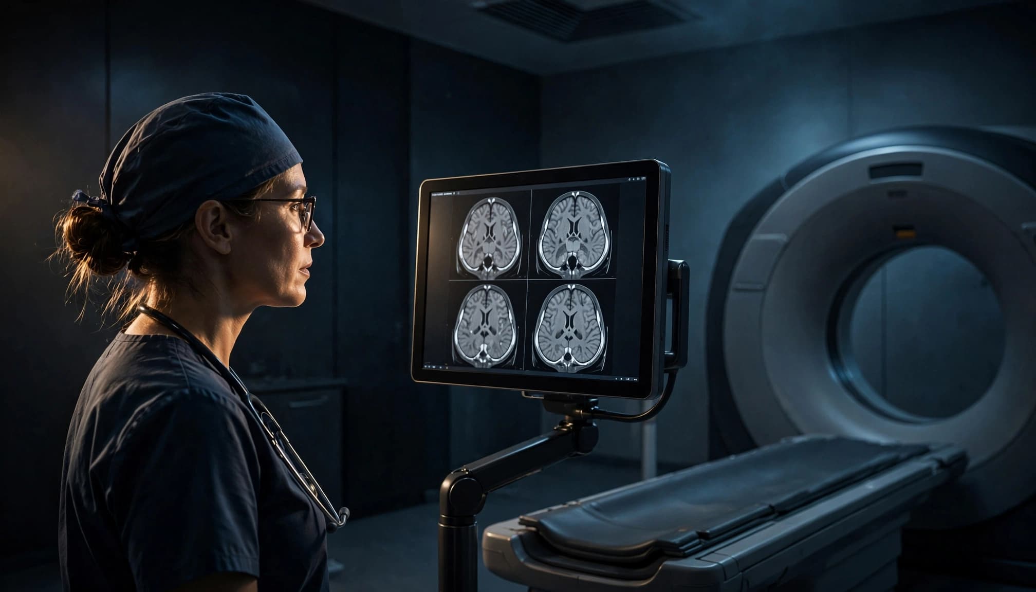 Ein Radiologe betrachtet Gehirnbilder auf einem Monitor neben einem CT-Scanner.