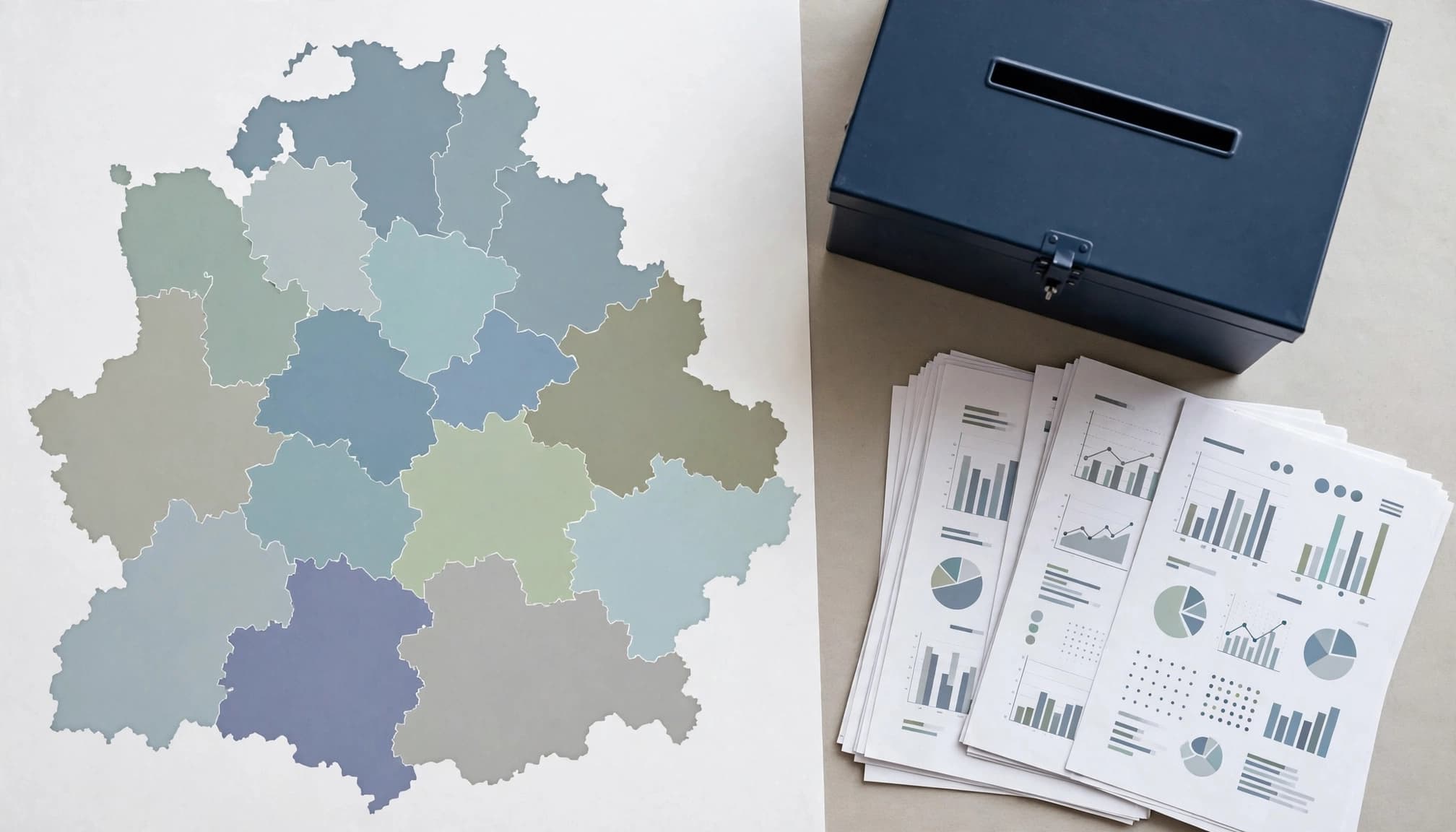 Map of Saxony-Anhalt showing constituencies, a ballot box and result sheets on a desk.