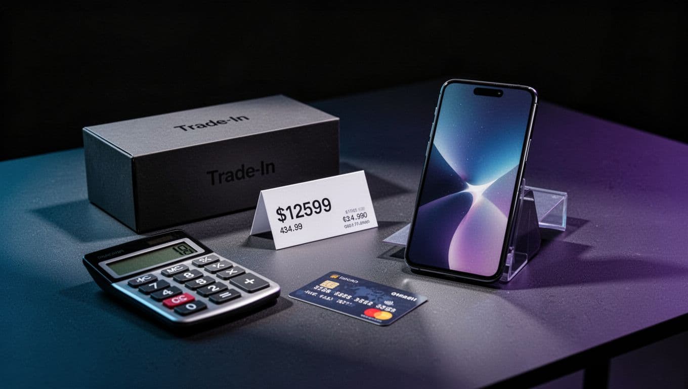 Premium-Smartphone neben Preiskarte, Trade-in-Karton, Taschenrechner und Zahlungskarte auf dunkler Tischfläche.