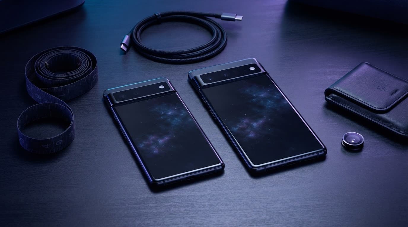 Zwei unterschiedlich große Smartphones liegen mit Maßband und Zubehör auf einer dunklen Tischfläche.
