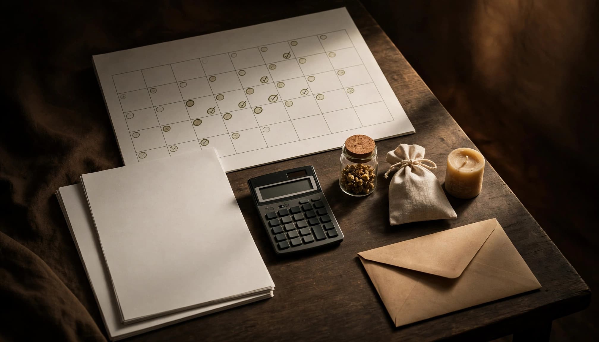 Kalender, leere Bestellformulare, Produktmuster, Taschenrechner und Kuvert auf einem Arbeitstisch.