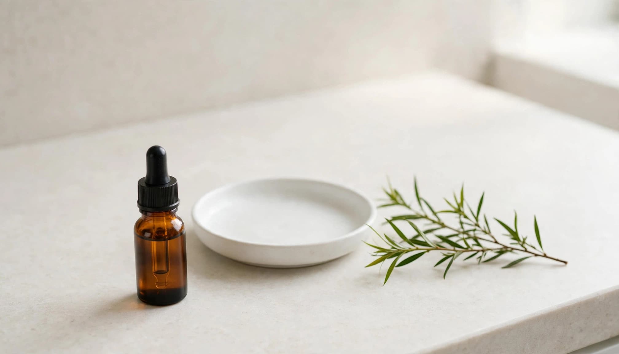 Bernsteinflasche mit Teebaumöl, weiße Schale und grüner Zweig auf einem hellen Badezimmercounter.