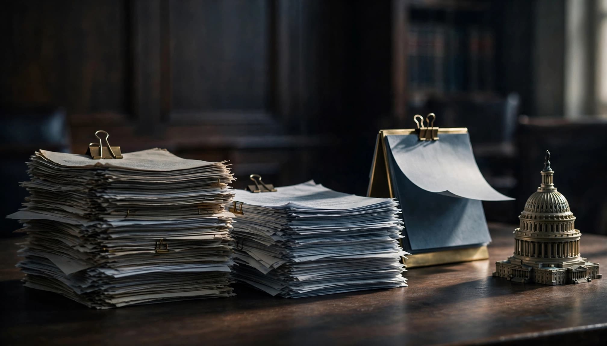 Zwei Papierstapel, ein Kapitolmodell und ein Kalenderblatt auf einem dunklen Holztisch.