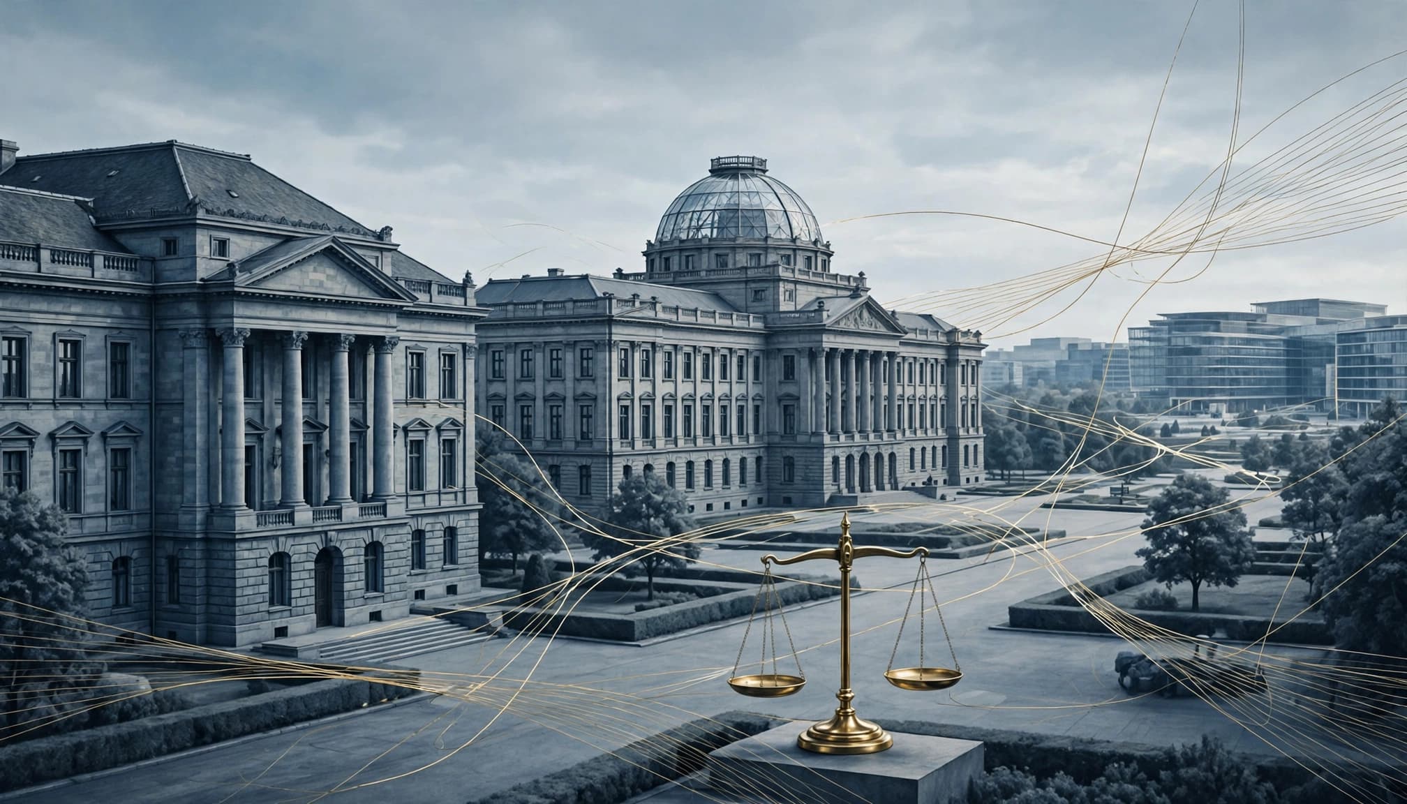 Bundesgebäude, Landesparlament und europäische Architektur mit Linien und Waage.
