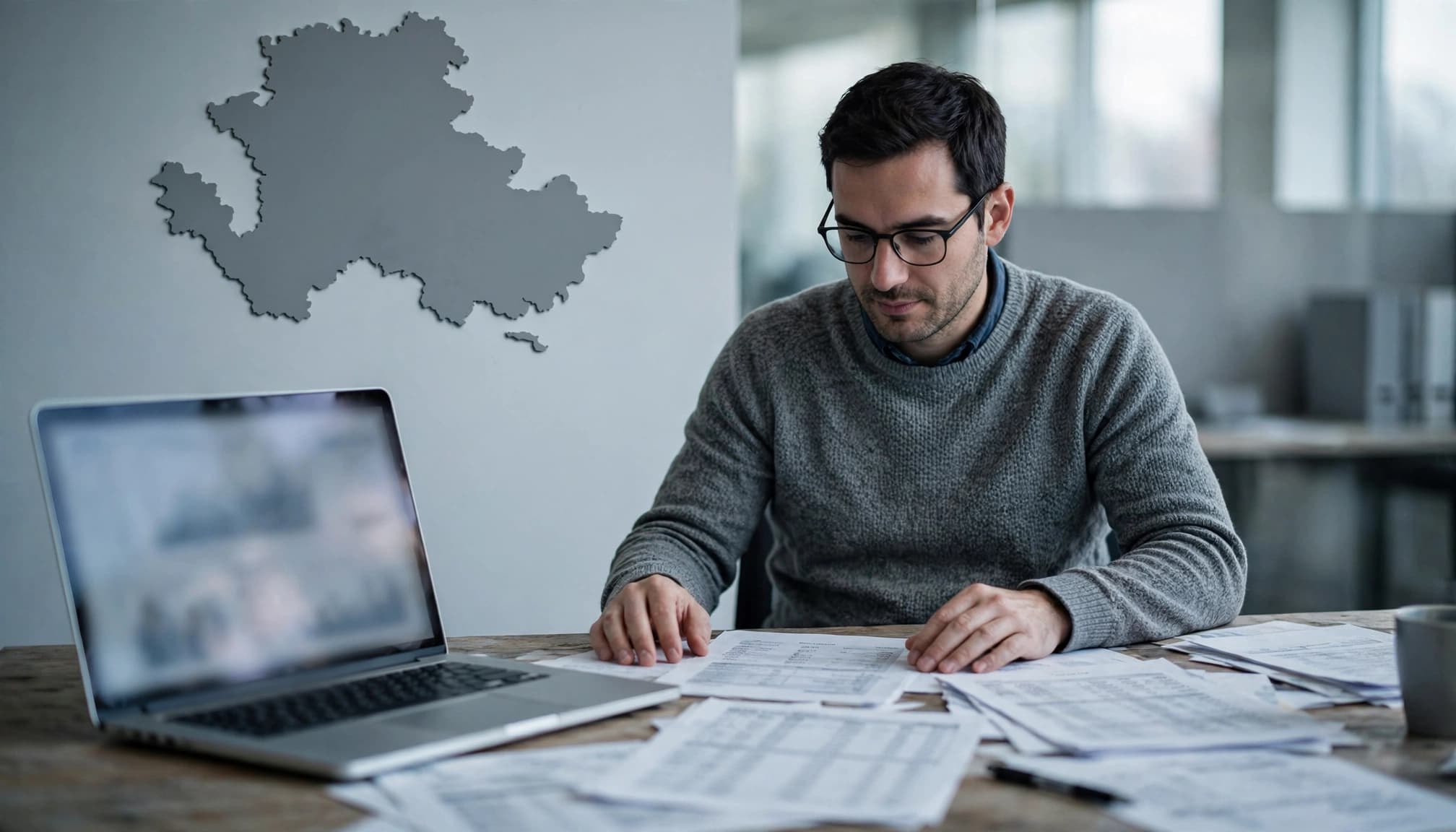 Ein Wahl-Analyst prüft Tabellen neben einem Laptop im ruhigen Nachrichtenraum.