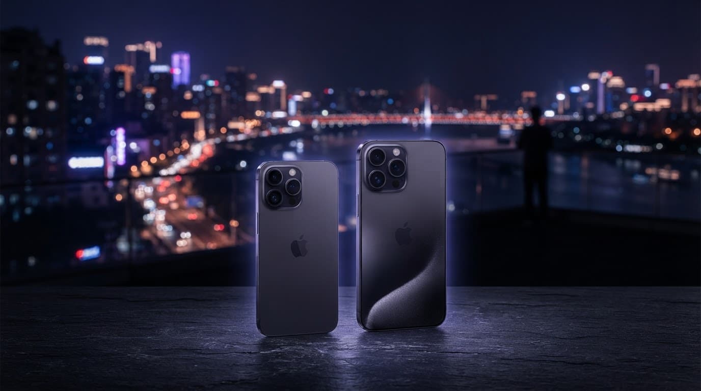 Zwei Smartphones vor einer nächtlichen Stadt mit unscharfer Silhouette und violett leuchtenden Kameramodulen.