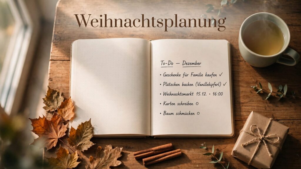 Ein offener Weihnachtsplaner liegt neben Geschenk, Zimtstangen, Tee und Herbstblättern.