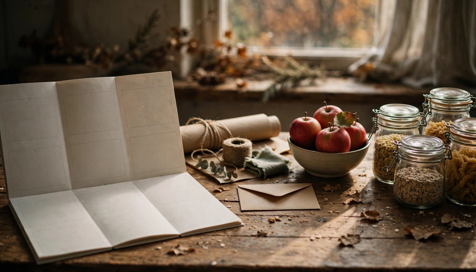 Kalender, Geschenkpapier, Äpfel und Vorratsgläser stehen auf einem Holztisch.