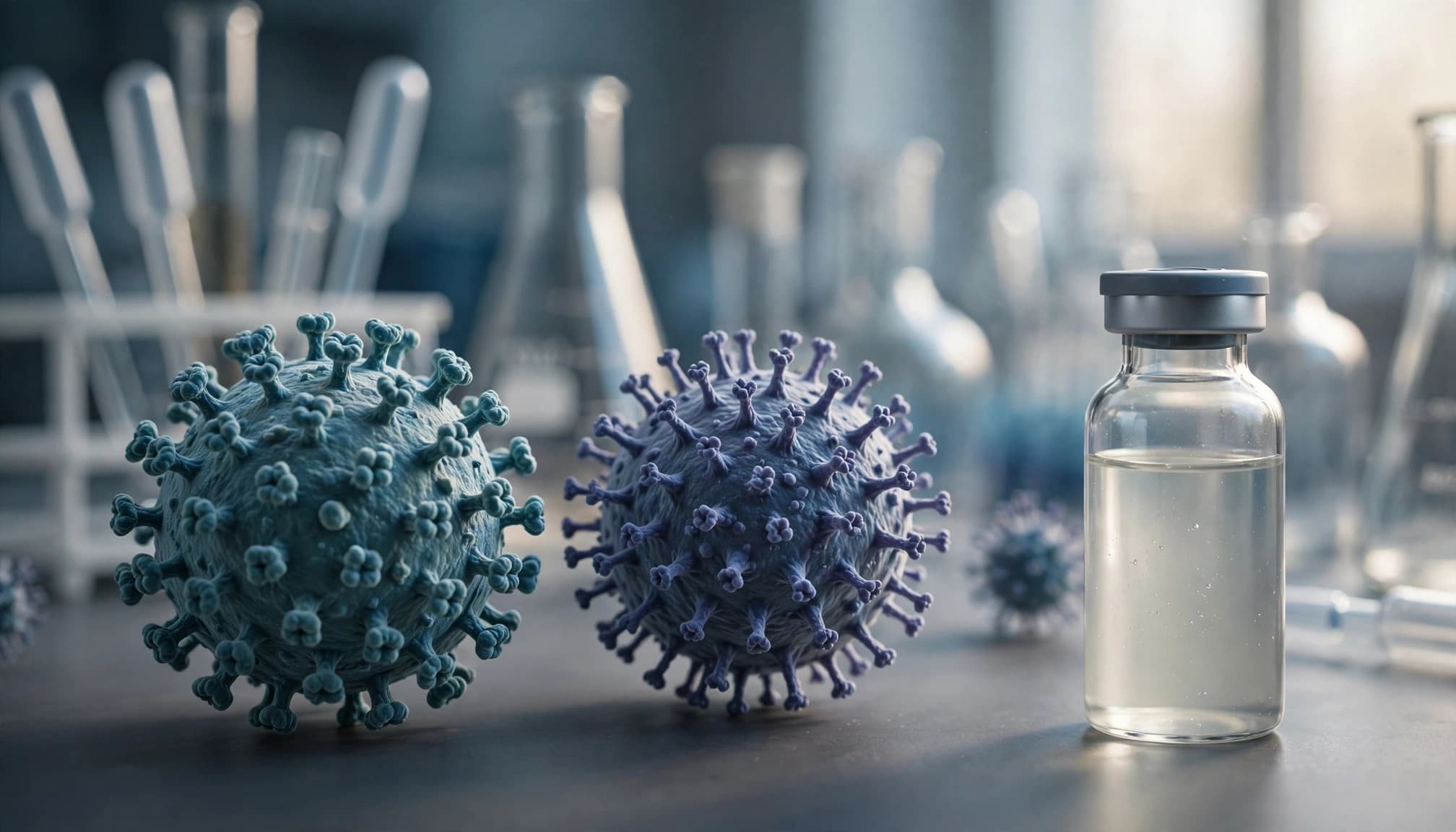 Zwei Grippevirus-Modelle und eine versiegelte Impfstoffflasche in einem Labor.