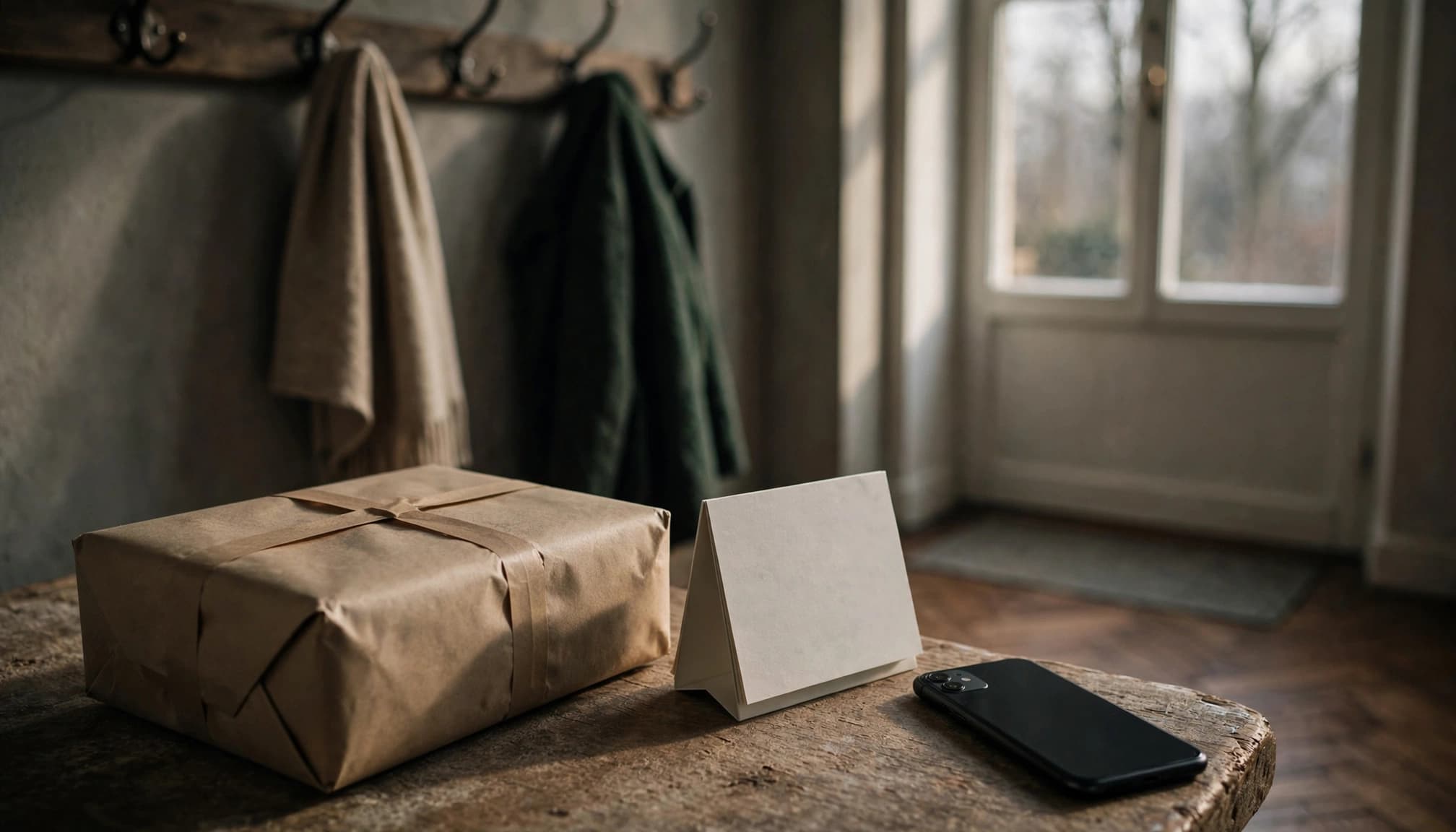 Ein Paket, ein Papierkalender und ein abgewandtes Telefon stehen im Flur.