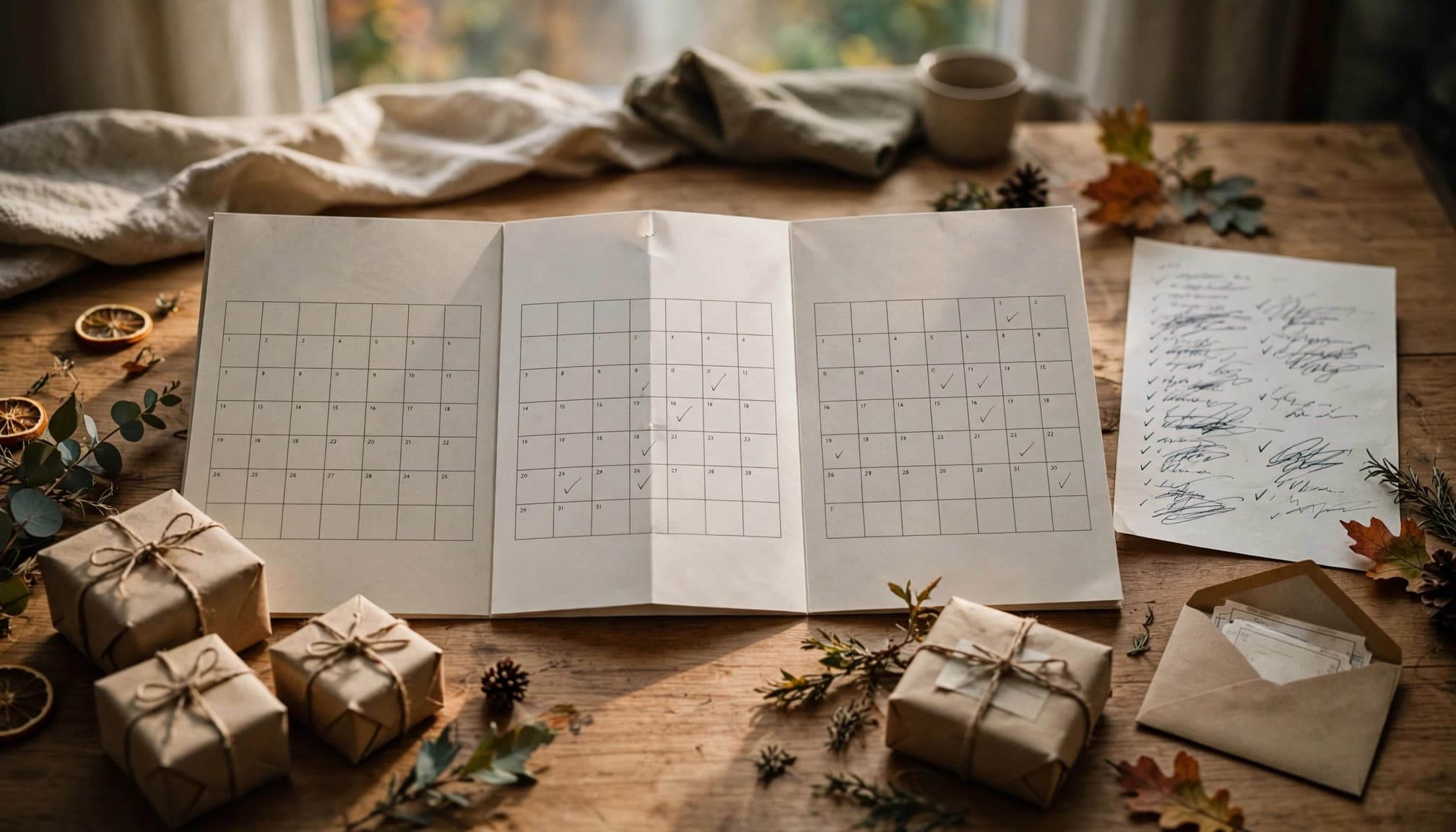Ein Kalender und ein handschriftlicher Zettel liegen neben Geschenken und einem kleinen Paket auf dem Tisch.